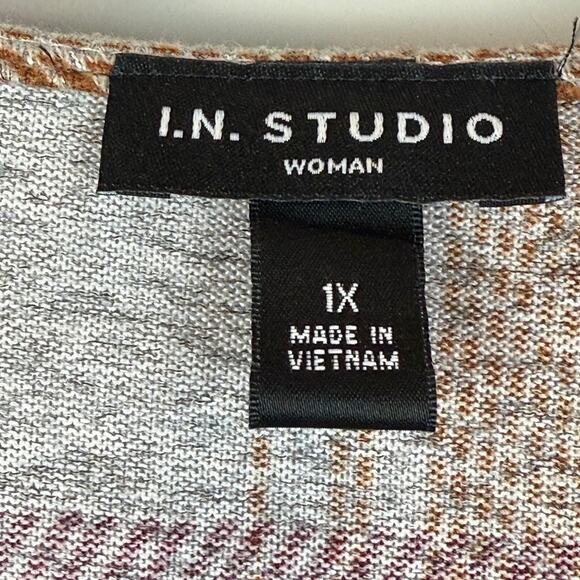 I.N. Studio Cardigan Womens 1X Gray Brown Plaid Stretch Open Front Duster Mature - Picture 5 of 8